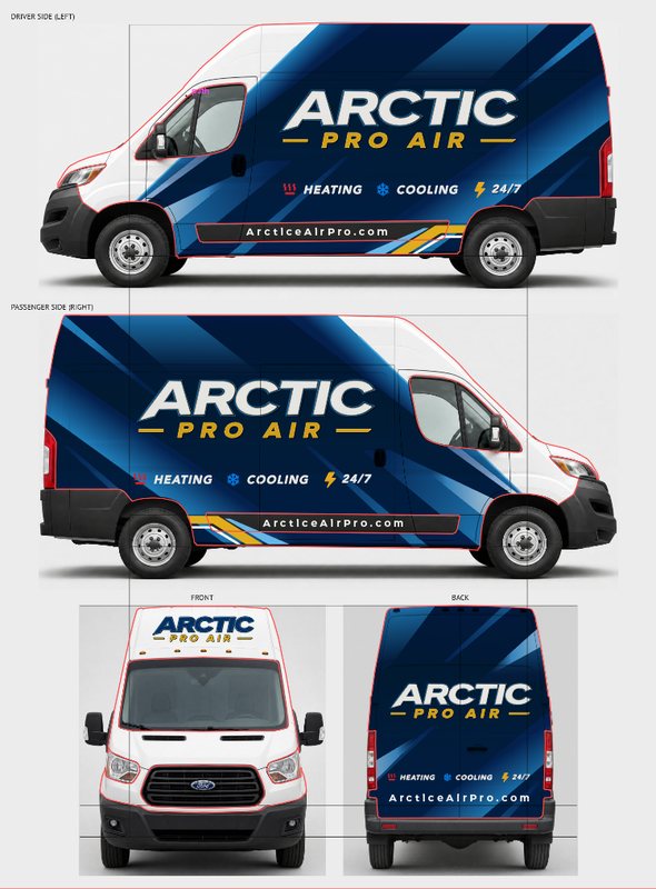 Concept mockup template sheet: four orthographic views of a white Ford Transit van with the Arctic Pro Air blue diagonal partial wrap — driver side, passenger side, front, and rear — showing logo placement and cut paths.