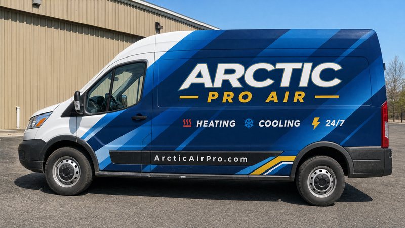 Concept mockup: white Ford Transit cargo van, driver-side profile in a paved lot in front of a tan warehouse, with a blue geometric diagonal partial wrap, white ARCTIC and gold PRO AIR lettering, Heating · Cooling · 24/7 icons, and ArcticAirPro.com on the lower trim.