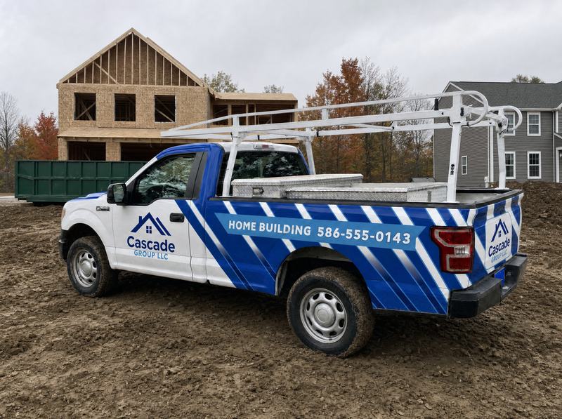Concept mockup: Cascade Group LLC Ford F-150 with a blue diagonal-stripe partial wrap at a home-building jobsite, rear three-quarter view, with a white ladder rack and toolboxes, a "Home Building" banner with phone number on the bed, and "Cascade Group LLC" logos on the door and tailgate, parked on bare dirt in front of a framed new house.