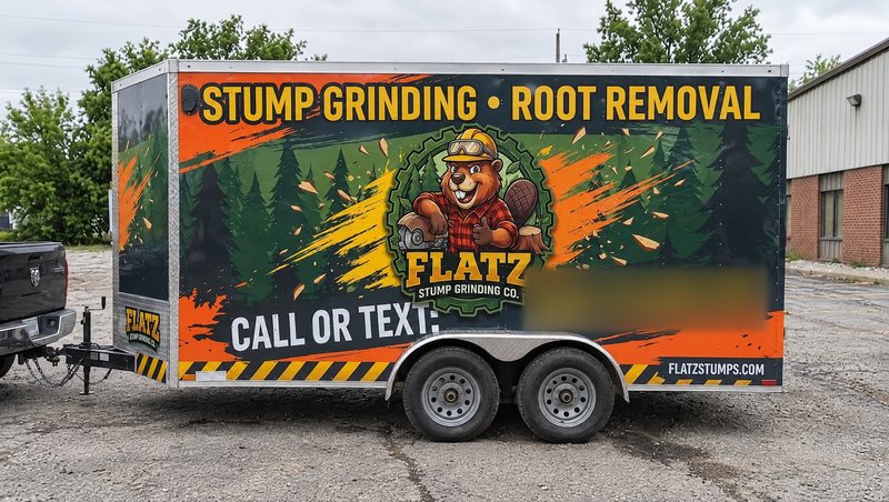 Concept mockup: enclosed aluminum tandem-axle cargo trailer hitched to a gray pickup in a cracked asphalt lot, curb-side profile, with a dark green forest and orange paint-splash wrap, yellow STUMP GRINDING · ROOT REMOVAL lettering across the top, a beaver lumberjack FLATZ Stump Grinding Co. badge in the center, CALL OR TEXT with a blurred phone number, and FLATZSTUMPS.COM on the lower stripe.
