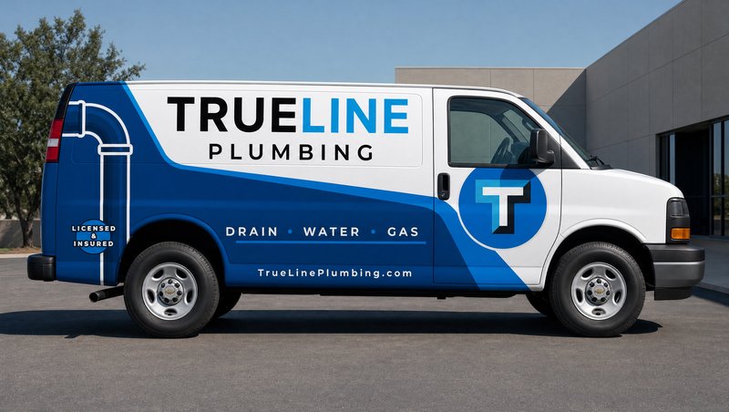 Concept mockup: white Chevrolet Express cargo van, passenger-side profile in a paved lot, with the same blue and black TrueLine Plumbing partial wrap, a circular T logo on the front door, Drain · Water · Gas on the lower band, and a pipe graphic with a Licensed & Insured badge toward the rear.