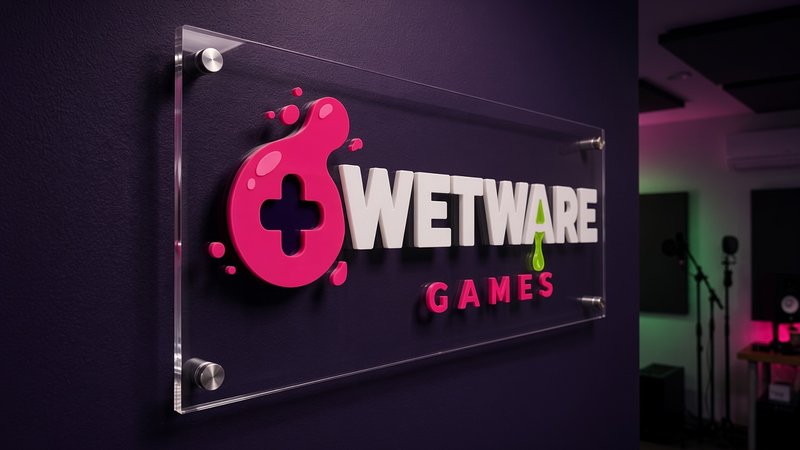 Concept mockup: the same Wetware Games clear acrylic sign on stainless standoffs on a dark purple wall, at night, with the pink logo mark, white WETWARE with a lime-green drip, and pink GAMES lettering, and pink and green accent lighting in the studio to the right.