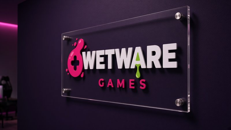 Concept mockup: side angle of the Wetware Games clear acrylic sign on four brushed stainless standoffs on a dark purple wall, showing the panel edge and the depth of the raised pink logo mark, white WETWARE lettering with a lime-green drip, and pink GAMES, with a pink-lit gaming room in the background.