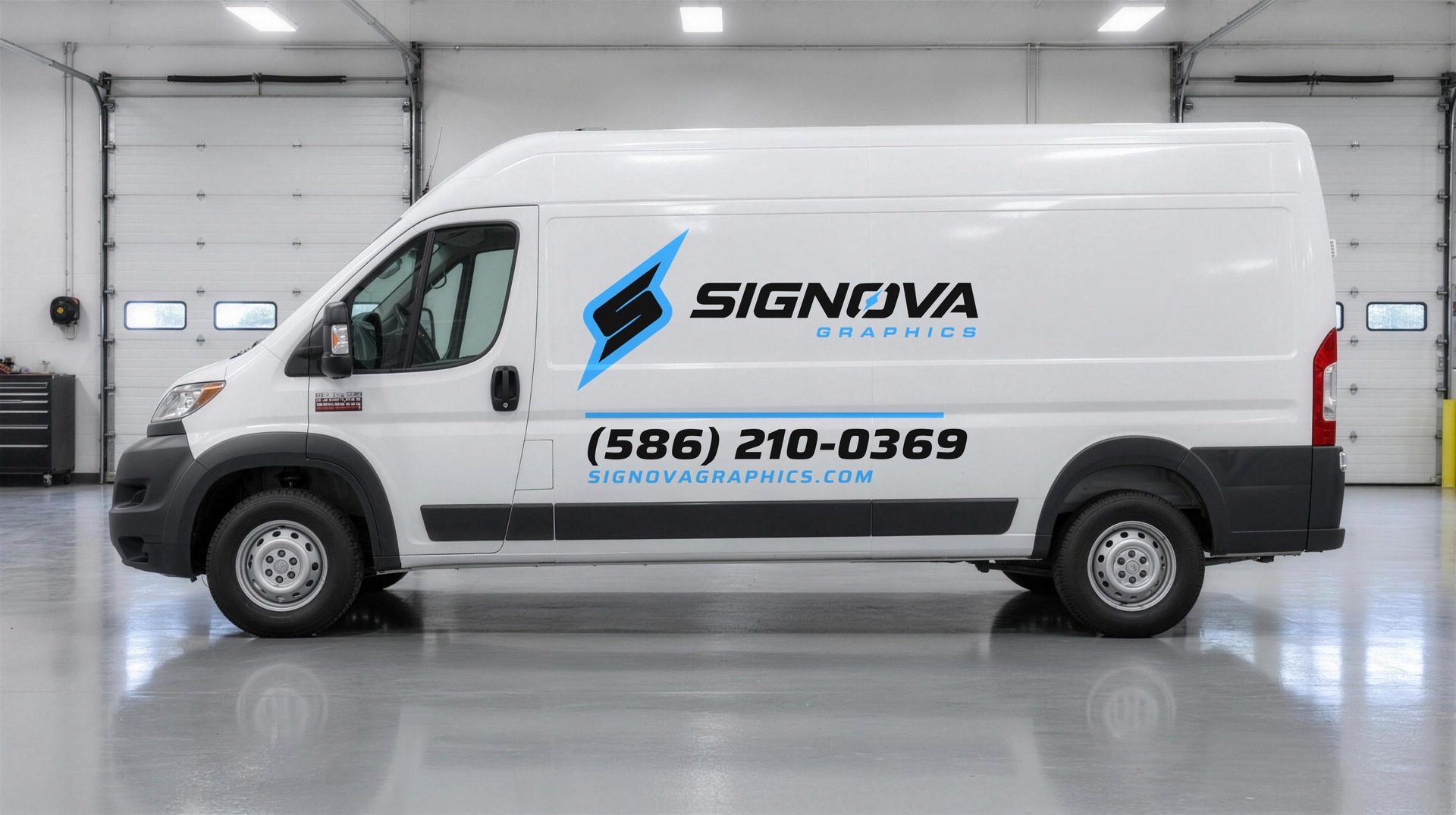 White cargo van lettered with the Signova Graphics logo, (586) 210-0369 and signovagraphics.com, parked in a shop